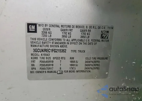 2015 Chevrolet Silverado K1500 Lt from USA, damaged, VIN 3GCUKREC1FG215362